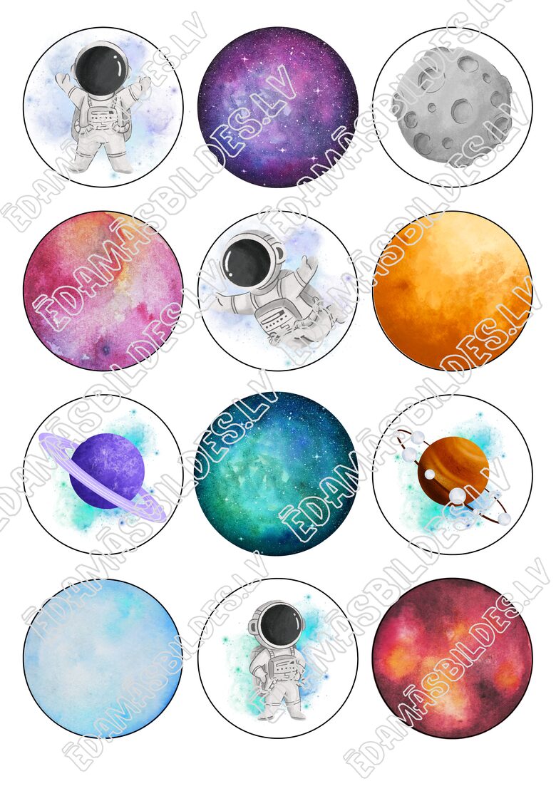 Cukura papīrs ar apdruku "Kosmos", kapkeiku aplīši 6 cm